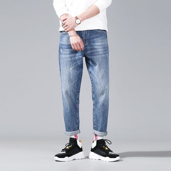 spring 2020 new men's jeans straight leg casual pants men korean version of the trend of nine pants, Blue
