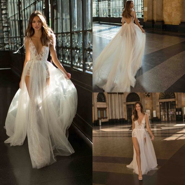 berta 2019 beach tulle wedding dresses bohemian v neck split front backless lace bridal gown bride boho wedding dress vestidos de novia, White 
berta 2019 beach tulle wedding dresses bohemian v neck split front backless lace bridal gown bride boho wedding dress vestidos de novia, White