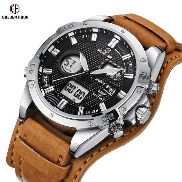 2020 goldenhour dual time digital analog sport watch men brown leather strap light led alarm calendar display waterproof watches, Slivery;brown
2020 goldenhour dual time digital analog sport watch men brown leather strap light led alarm calendar display waterproof watches, Slivery;brown