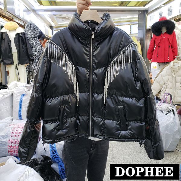 2019 autumn and winter new stand collar heavy diamond drill tassel chain detachable bright face cotton padded coat short parkas, Black
2019 autumn and winter new stand collar heavy diamond drill tassel chain detachable bright face cotton padded coat short parkas, Black