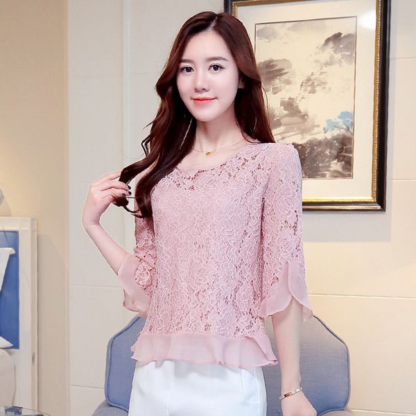 women summer korean chiffon blouses lace floral hollow out elegant three quarter ruffles ladies office shirts blusas, White
women summer korean chiffon blouses lace floral hollow out elegant three quarter ruffles ladies office shirts blusas, White