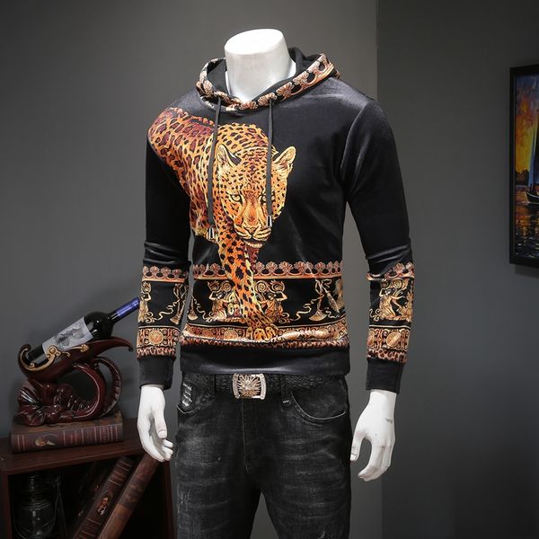 2018 men's sweater winter new plus velvet hooded shirt personality animal print korean velvet slim sweater tide, Black
2018 men's sweater winter new plus velvet hooded shirt personality animal print korean velvet slim sweater tide, Black
