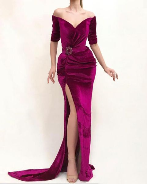 velvet mermaid prom dresses off shoulder half sleeves pleats side split evening dress with sash beads party robe de soiree ed1348, Black;red
velvet mermaid prom dresses off shoulder half sleeves pleats side split evening dress with sash beads party robe de soiree ed1348, Black;red