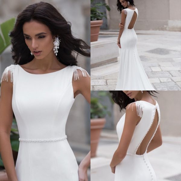 2020 elegant mermaid wedding dresses jewel neck applique sleeveless tassel pearls satin hollow wedding dress sweep train bridal gowns, White
2020 elegant mermaid wedding dresses jewel neck applique sleeveless tassel pearls satin hollow wedding dress sweep train bridal gowns, White