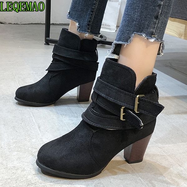 2019 new women fashion boots buckle strap high heel boots autumn shoes flock leather ankle mujer bootie, Black