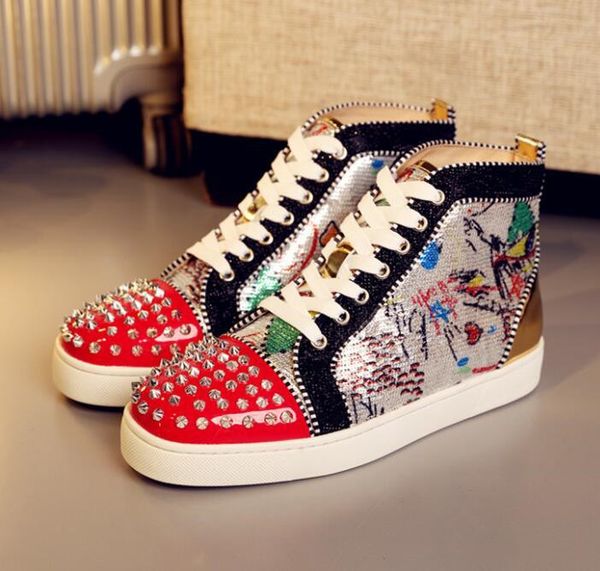 2019 red bottom spikes sneakers men casual shoes 2019 print silver sequin sliver pik no limit rare studs and rhinestones graffiti, Black
2019 red bottom spikes sneakers men casual shoes 2019 print silver sequin sliver pik no limit rare studs and rhinestones graffiti, Black