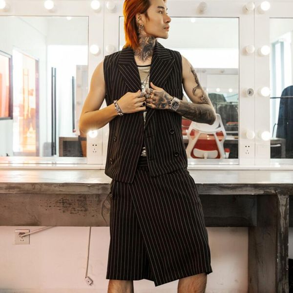 nightclub dj singer striped vest sleeveless jacket sexy pants culottes 2 piece set men hairstylist punk hip hop work clothes, Gray
nightclub dj singer striped vest sleeveless jacket sexy pants culottes 2 piece set men hairstylist punk hip hop work clothes, Gray