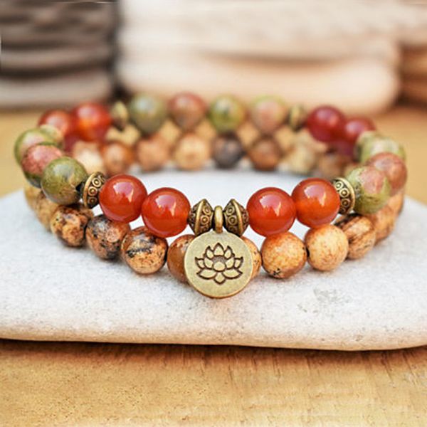 

lotus wrist mala healing crystal lotus om j-asper bracelet sets for men medetation yoga bead carnelian bracelet, Golden;silver