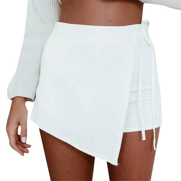 

irregular pocket solid white skirt elastic empire waist lace up women mini skirts spring summer sweet skirts bottom, Black