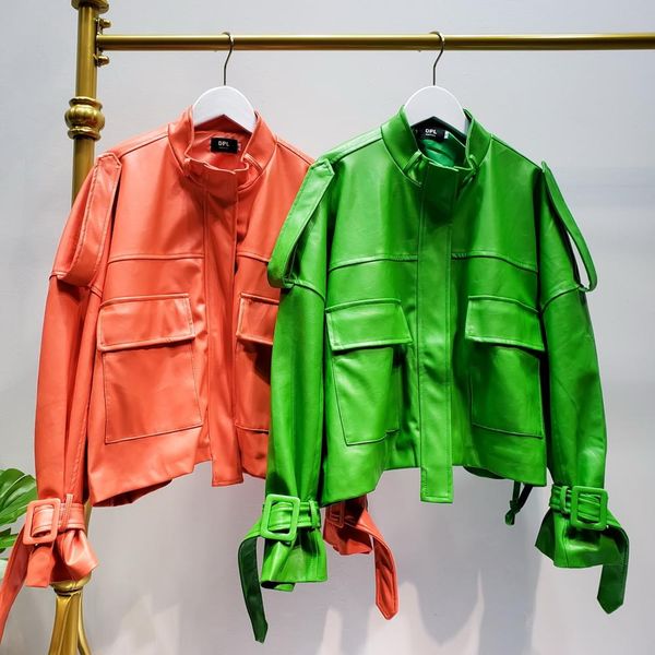 l77street autumn new style fluorescent avocado green leather large pocket leather jacket, Black
l77street autumn new style fluorescent avocado green leather large pocket leather jacket, Black