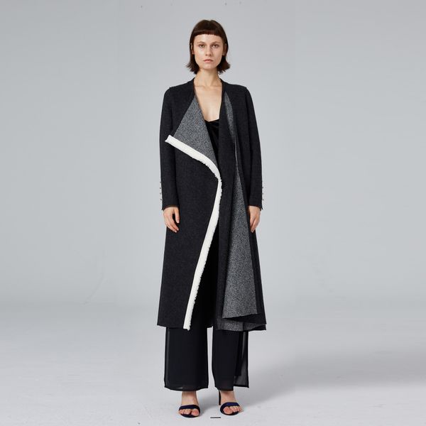 temperament herringbone wool coat fashion shawl lengthened coat, Black