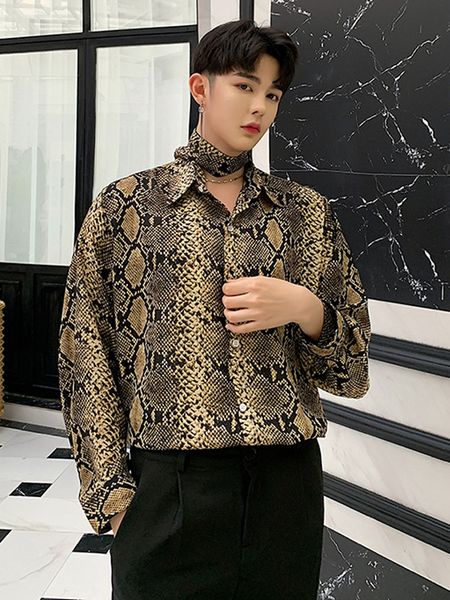 men snake pattern casual long sleeve tie shirt male vintage fashion loose dress shirts party stage clothes, White;black
men snake pattern casual long sleeve tie shirt male vintage fashion loose dress shirts party stage clothes, White;black