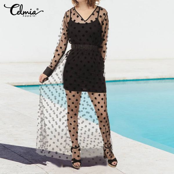celmia women mesh sheer long maxi dress 2020 summer bohemian beach dress casual v neck see-through polka dot party vestidos, Black;gray
celmia women mesh sheer long maxi dress 2020 summer bohemian beach dress casual v neck see-through polka dot party vestidos, Black;gray