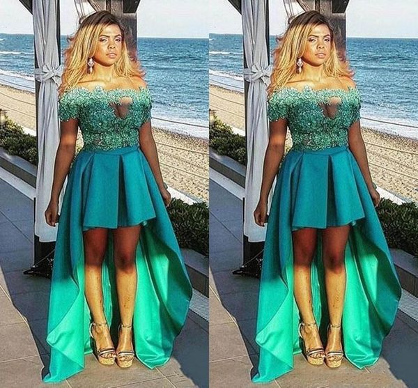 2020 щедрый зеленый с плеча дешевые кружева короткие привет-lo пром платья атласные кружева аппликациями складками вечернее платье партии ве, Black