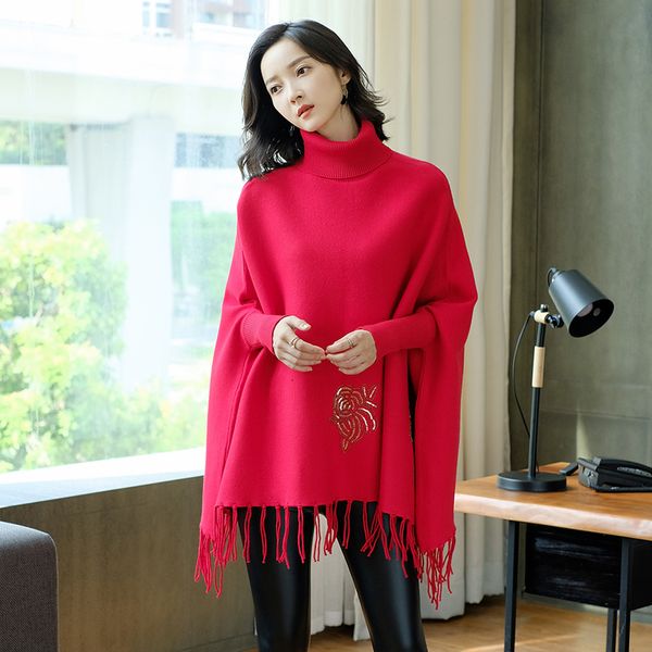 women's cape autumn winter women tutrleneck tassel beading cloak sweater pullover rose sequine bathwing sleeve fringed loose, Black
women's cape autumn winter women tutrleneck tassel beading cloak sweater pullover rose sequine bathwing sleeve fringed loose, Black