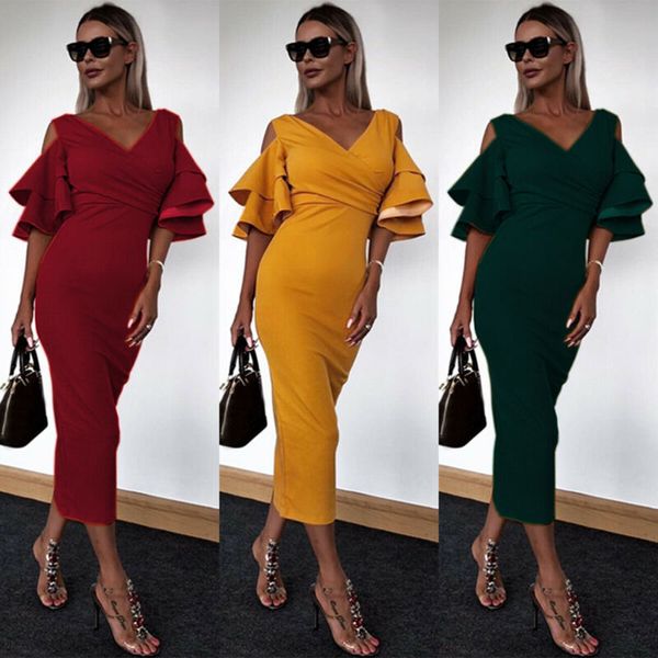 womens midi dress cold shoulder deep v ruffle sleeve ladies pencil party dresses, Black;gray
womens midi dress cold shoulder deep v ruffle sleeve ladies pencil party dresses, Black;gray