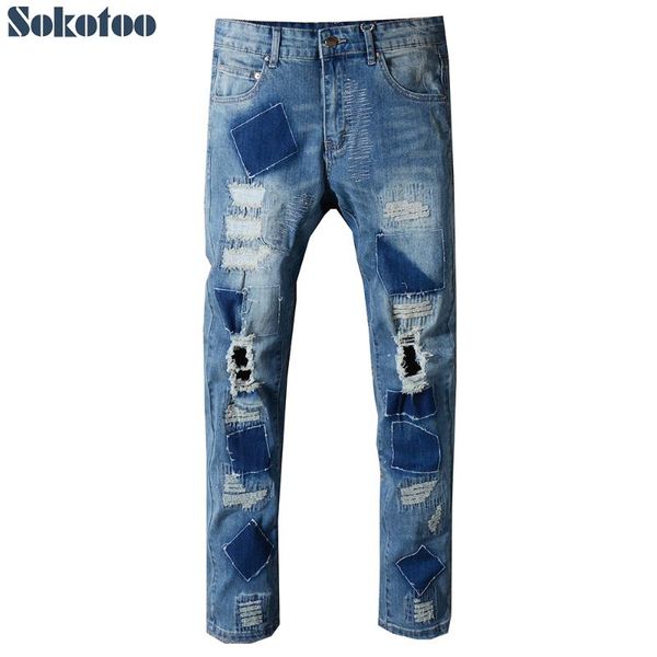 sokotoo men's holes patches design beggar jeans slim straight patchwork distressed torn blue stretch denim pants
sokotoo men's holes patches design beggar jeans slim straight patchwork distressed torn blue stretch denim pants