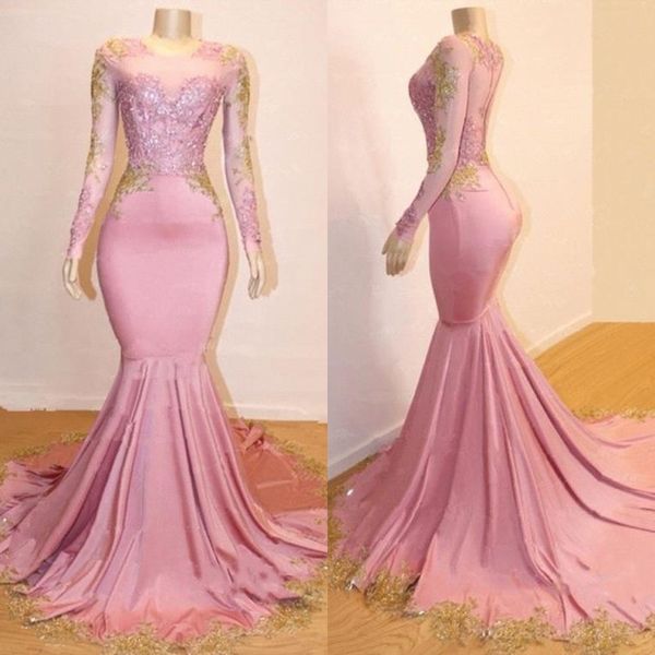 2019 new sheer long sleeves mermaid prom dresses gold lace applique sweep train formal party evening gowns, Black
2019 new sheer long sleeves mermaid prom dresses gold lace applique sweep train formal party evening gowns, Black