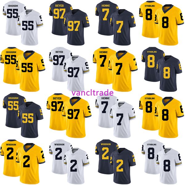 2019 ncaa fottball michigan wolverines 55 brandon graham 97 brennen beyer 7 chad henne 8 channing stribling 2 charles woodson jerseys, Black;red