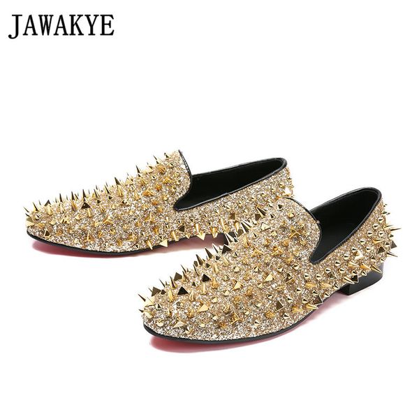 

spring autumn shiny dress shoes for men spiked rivets studded slip on loafers gold black bling bling sequins causal shoes male y200420