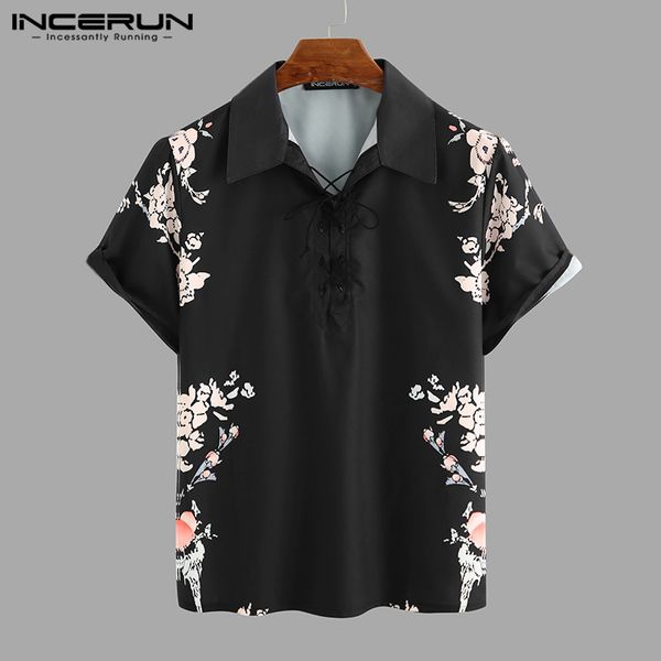 men's casual shirts incerun men printed shirt lace up vintage turn-down collar short sleeve blouse streetwear chic camisa breathable 20, White;black
men's casual shirts incerun men printed shirt lace up vintage turn-down collar short sleeve blouse streetwear chic camisa breathable 20, White;black