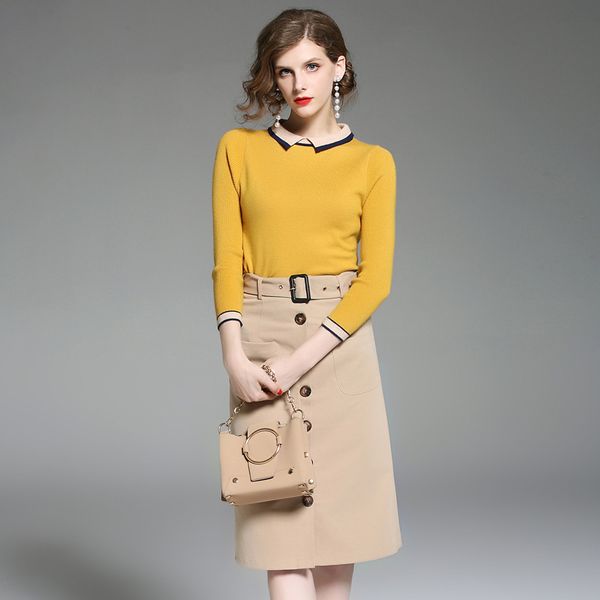 2018 autumn winter women's temperamental debutante with matching lapels and slim knit two-piece a-line skirt suits, Gray
2018 autumn winter women's temperamental debutante with matching lapels and slim knit two-piece a-line skirt suits, Gray