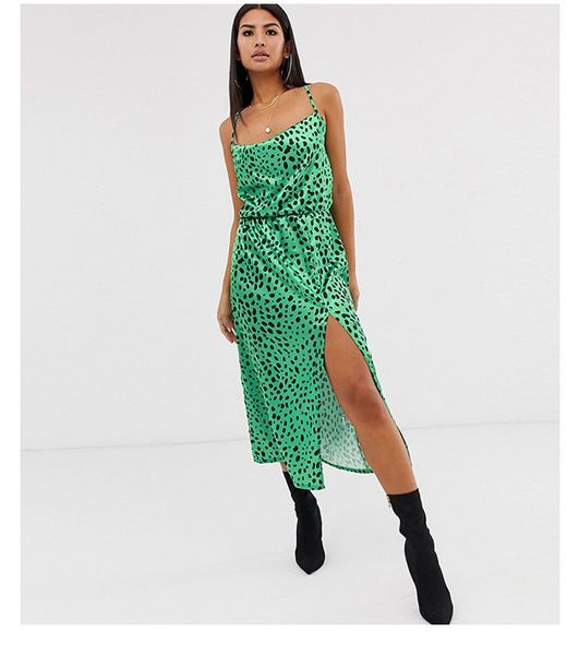sling strap green leopard lace tie strap satin side slit split long straight dress, White;black
sling strap green leopard lace tie strap satin side slit split long straight dress, White;black