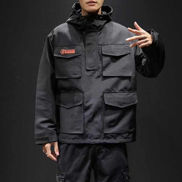 new workwear jacket men's pilot hooded jacket spring and autumn baseball uniform tide card loose pullover front pocket coat male, Black;brown 
new workwear jacket men's pilot hooded jacket spring and autumn baseball uniform tide card loose pullover front pocket coat male, Black;brown