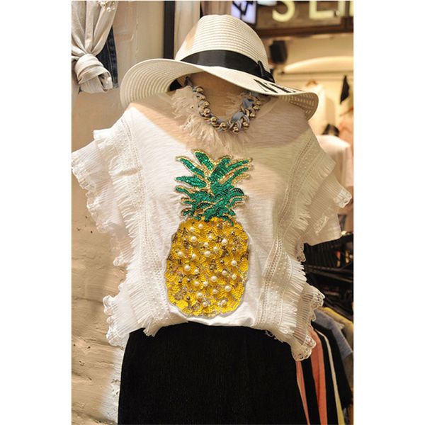 summer womens sequins beads tshirts piping burrs pineapple fashion female blouses short sleeve pullover casual ladies tees, White
summer womens sequins beads tshirts piping burrs pineapple fashion female blouses short sleeve pullover casual ladies tees, White