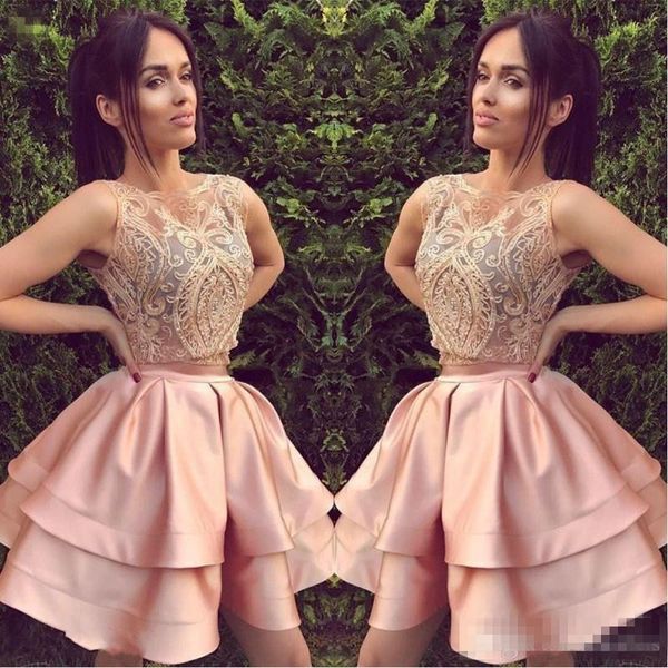 two pieces short homecoming dresses scoop neck cocktail party dresses lace applique tiered satin short prom dresses m94, Blue;pink
two pieces short homecoming dresses scoop neck cocktail party dresses lace applique tiered satin short prom dresses m94, Blue;pink