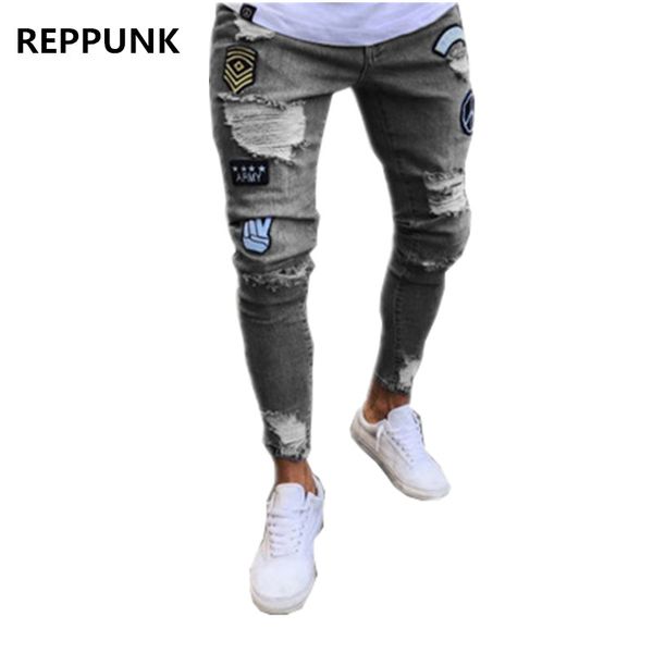 2018 streetwear hiphop badge jeans men's knee hole zippered feet hole male personality slim cozy denim trousers, Blue
2018 streetwear hiphop badge jeans men's knee hole zippered feet hole male personality slim cozy denim trousers, Blue