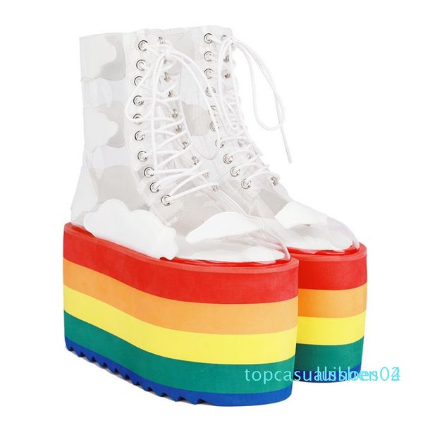 runway shoes rainbow candy color socks boots high platform wedges transparent ankle boots clear pvc lace up increasing shoes t04, Black 
runway shoes rainbow candy color socks boots high platform wedges transparent ankle boots clear pvc lace up increasing shoes t04, Black