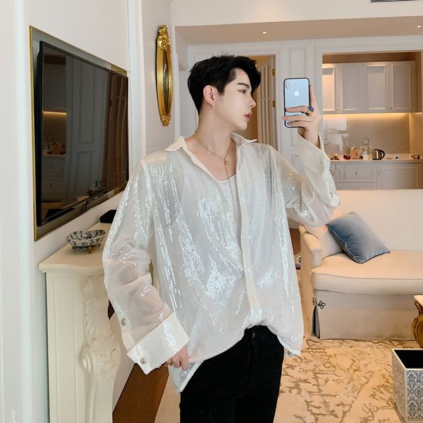 men loose casual long sleeve translucent sequin black white shirts male women street punk gothic hip hop shirt stage clothing, White;black
men loose casual long sleeve translucent sequin black white shirts male women street punk gothic hip hop shirt stage clothing, White;black