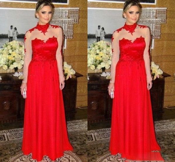 high neck red evening bridesmaid dresses long illusion sleeves with applique lace chiffon new prom pageant party dress gowns, Black;red
high neck red evening bridesmaid dresses long illusion sleeves with applique lace chiffon new prom pageant party dress gowns, Black;red