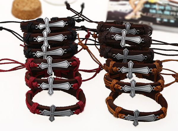 delicate silver cross charm bracelets & bangles 4 color genuine cowhide leather rope adjustable cuff jewelry family couples friendship gifts, Golden;silver 
delicate silver cross charm bracelets & bangles 4 color genuine cowhide leather rope adjustable cuff jewelry family couples friendship gifts, Golden;silver