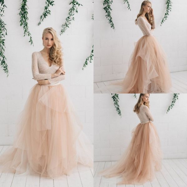 2019 beach a line wedding dresses long sleeve lace v neck bridal gowns boho tulle sweep train wedding dress robe de mariéee, White
2019 beach a line wedding dresses long sleeve lace v neck bridal gowns boho tulle sweep train wedding dress robe de mariéee, White