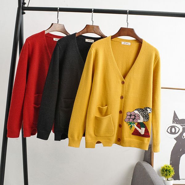 2019 new spring autumn women's knit sweater fashion art cartoon embroidery women's cardigan women loose wild sweater cardigan, White
2019 new spring autumn women's knit sweater fashion art cartoon embroidery women's cardigan women loose wild sweater cardigan, White
