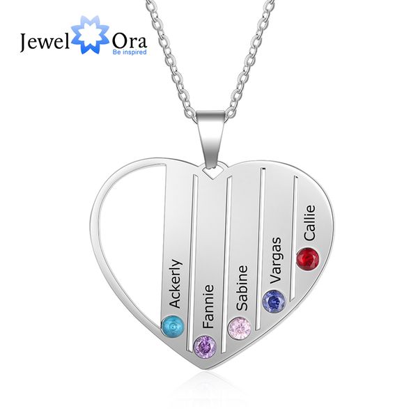 personalized heart necklace with 5 birthstones custom engraved name mother kids necklace family gift (jewelora ne103267, Silver 
personalized heart necklace with 5 birthstones custom engraved name mother kids necklace family gift (jewelora ne103267, Silver