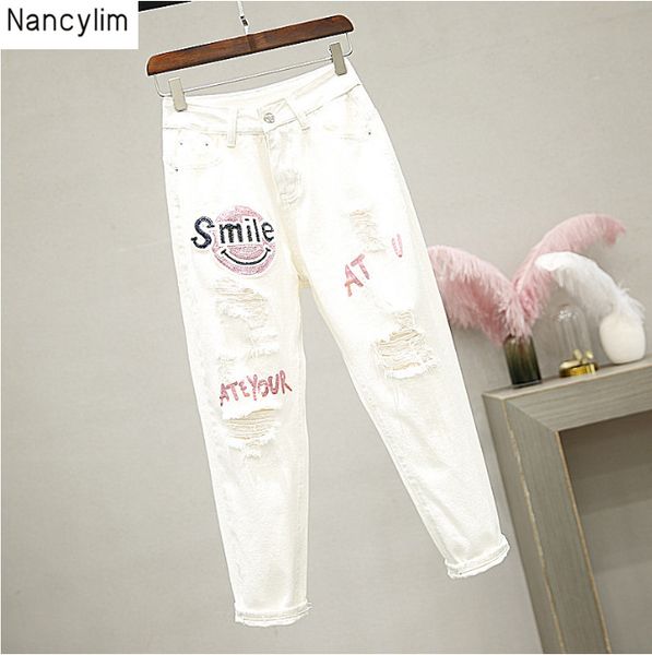 spring autumn new white jeans women's nine-minute pants slim hallen pants sequins bronzed hole denim trousers students, Blue
spring autumn new white jeans women's nine-minute pants slim hallen pants sequins bronzed hole denim trousers students, Blue