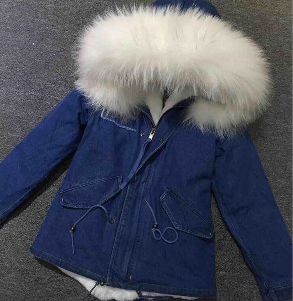 white raccoon fur trim meifeng women snow jacket with ykk zipper white rabbit fur lining blue demin mini parkas, Black
white raccoon fur trim meifeng women snow jacket with ykk zipper white rabbit fur lining blue demin mini parkas, Black