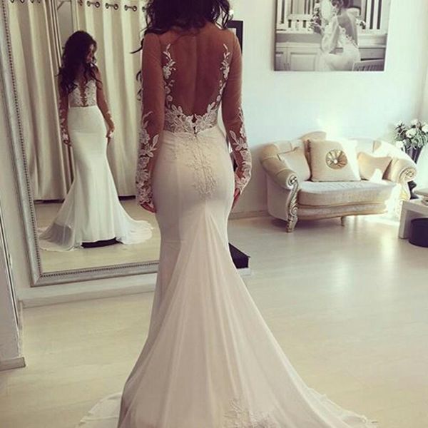 simple backless wedding gown 2019 long sleeves sheer mermaid wedding dresses appliqued satin bridal dress robe de mariee sirene, White
simple backless wedding gown 2019 long sleeves sheer mermaid wedding dresses appliqued satin bridal dress robe de mariee sirene, White