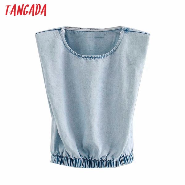 tangada women retro denim crop shirt sleeveless 2020 summer chic female slim shirt 4m201, White