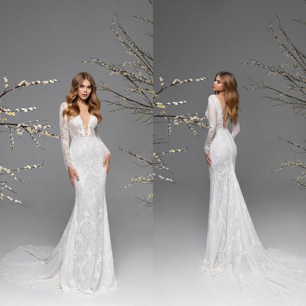 2021 elegant wedding dresses deep v neck long sleeves bridal gowns button back lace appliques sweep train mermaid wedding dress, White
2021 elegant wedding dresses deep v neck long sleeves bridal gowns button back lace appliques sweep train mermaid wedding dress, White