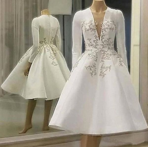 modest white satin a line cocktail wedding dresses deep v neck long sleeve short bridal gowns lace appliqued women formal vestido de novia
modest white satin a line cocktail wedding dresses deep v neck long sleeve short bridal gowns lace appliqued women formal vestido de novia