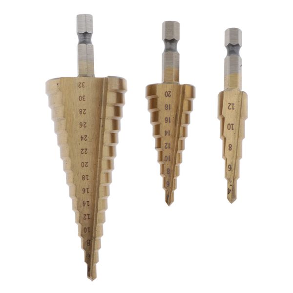 3 pieces titanium coated hss step drill bit set hex shank kit for iron plate, aluminum, pvc board 4mm to 32mm
3 pieces titanium coated hss step drill bit set hex shank kit for iron plate, aluminum, pvc board 4mm to 32mm