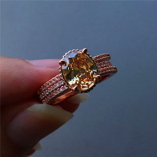 

luxury big oval champagne zircon ring set unique style promise engagement rings for women fashion rose gold color wedding ring, Slivery;golden