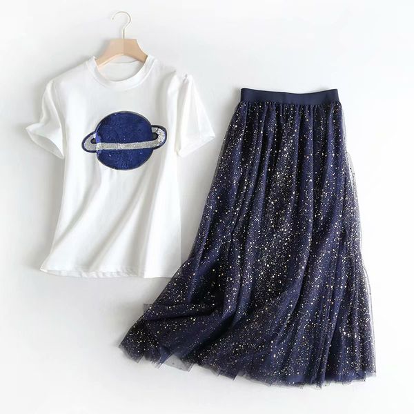 casual women's sets 2020 spring summer new crew neck sequin planet white t-shirt elastic waist blue gauze skirt sets
casual women's sets 2020 spring summer new crew neck sequin planet white t-shirt elastic waist blue gauze skirt sets