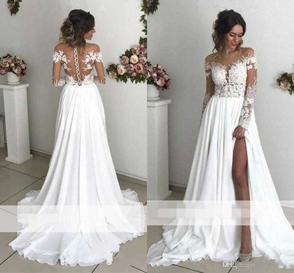 exquisite lace chiffon a-line wedding dresses 2019 sheer neck long sleeves side split sweep train back cover buttons country bridal gowns, White
exquisite lace chiffon a-line wedding dresses 2019 sheer neck long sleeves side split sweep train back cover buttons country bridal gowns, White