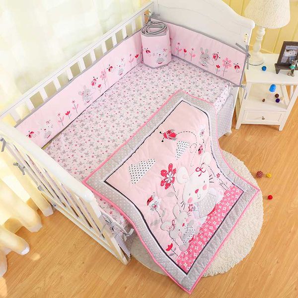 Baby Girl Crib Bedding Sets Pink 7 Piece 100% Cotton Pink Crib Set With Bumpers,crib Sheet, Comforter, Sheet, Ruffle