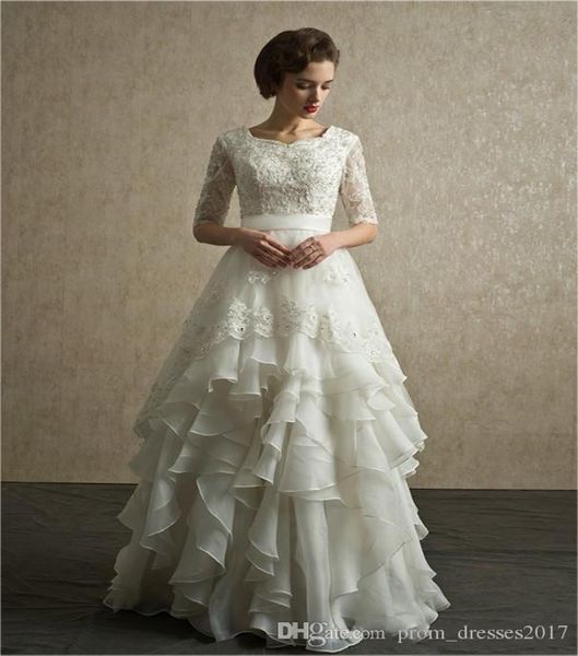new arrival modest lace wedding dresses scoop neckline beaded crystal floor length a-line half sleeve organza ruffled bridal gowns, White
new arrival modest lace wedding dresses scoop neckline beaded crystal floor length a-line half sleeve organza ruffled bridal gowns, White